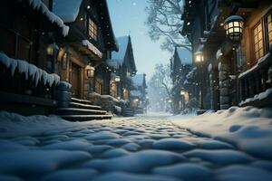 AI generated Street tranquility soft snowflakes descend, covering the quiet surroundings gently photo