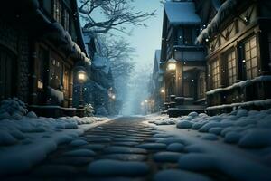 AI generated Gently falling snow transforms the quiet street into a haven photo