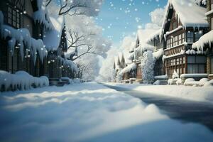 AI generated Serene snow scene a quiet street draped in soft, falling flakes photo