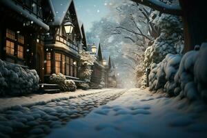 AI generated Serene snow scene a quiet street draped in soft, falling flakes photo