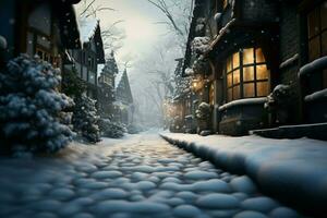 AI generated Snow covered serenity a quiet street with soft flakes gently falling photo