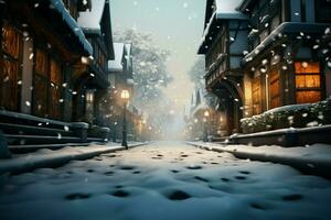 AI generated Gently falling snow transforms the quiet street into a haven photo