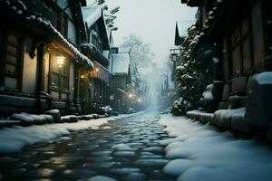 AI generated Gently falling snow transforms the quiet street into a haven photo