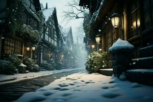 AI generated Gently falling snow transforms the quiet street into a haven photo