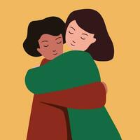 Two people are hugging. Girls are hugging. Hug minimal flat illustration. Hand drawn vector art