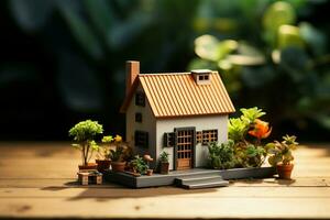 AI generated Little abode Miniature house rests on a quaint wooden table photo