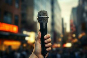 AI generated Hand poised by city microphone, ready to amplify urban stories photo