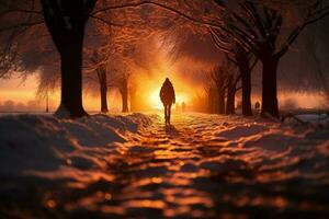AI generated Winter dusk Individual walks on a snowy road under sunset photo