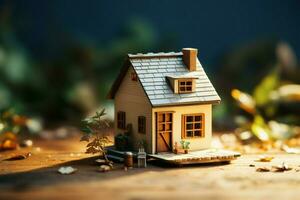 AI generated Tiny dwelling Miniature house perches on a rustic wooden table photo