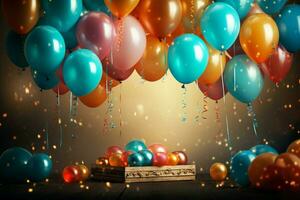 ai generado celebracion encanto vistoso globos cubierta fuera el lados para cumpleaños foto