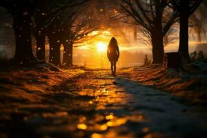 AI generated Sunset snow walk Person on snowy road, bathed in twilight photo