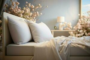 ai generado cama de comodidad blanco acolchado retirada con flores exudando calmante seducir foto