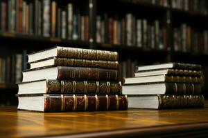 AI generated Literary pillars A stack of books stands in the library photo