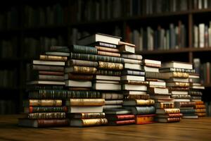AI generated Literary pillars A stack of books stands in the library photo