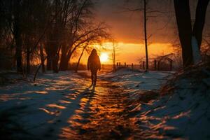 ai generado puesta de sol vagabundo individual atraviesa Nevado camino en invierno noche foto