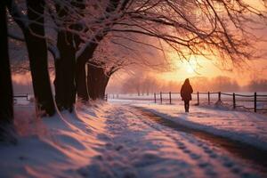 ai generado Nevado crepúsculo persona paseos a lo largo un la carretera a invierno puesta de sol foto