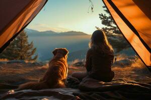 AI generated Tent tranquility woman and dog enjoy quality time amid nature photo