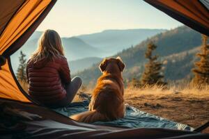 ai generado tienda compañerismo mujer y perro saborear al aire libre, calidad hora juntos foto