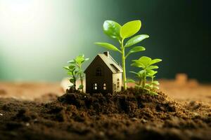 AI generated Growth and stability house and plant flourish together in soil photo