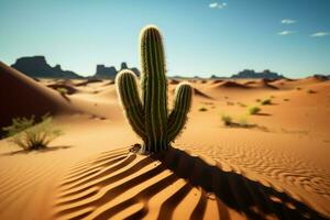 ai generado cactus en aislamiento solo en el desierto, rodeado por arena foto