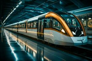 ai generado pulcro subterraneo tren se desliza mediante el estación, exhibiendo moderno eficiencia foto