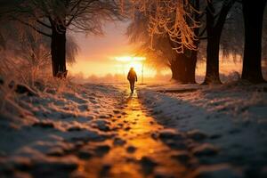 AI generated Winter dusk Individual walks on a snowy road under sunset photo