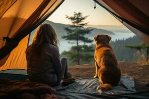 AI generated Tent tranquility woman and dog enjoy quality time amid nature photo