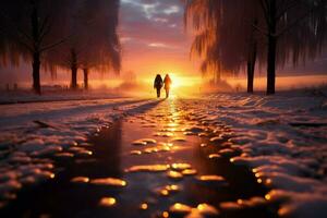 ai generado puesta de sol nieve caminar persona en Nevado camino, bañado en crepúsculo foto