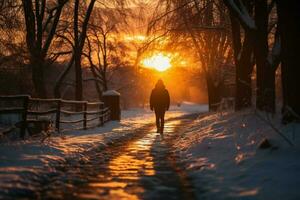 AI generated Winter dusk Individual walks on a snowy road under sunset photo