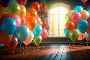 AI generated Birthday jubilation Colorful balloons deck the sides in cheerful celebration photo