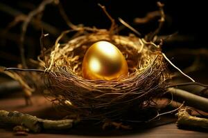 AI generated Natures treasure a shimmering golden egg nestled amid bird nest twigs photo