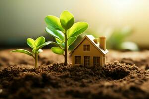 AI generated Symbol of stability house and plant growing harmoniously in soil photo