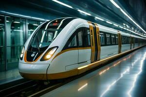 AI generated Efficient transit sleek train showcases modern design in subway station photo