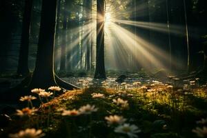 ai generado flor silvestre resplandor rayos de sol penetrar denso pabellón, esclarecedor el bosque piso foto