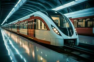 AI generated Efficient transit sleek train showcases modern design in subway station photo