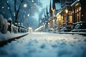 AI generated Gentle snowfall transforms the street into a serene winter wonderland photo