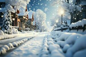 AI generated Snow kissed street quiet and serene, soft snowflakes gently descend photo