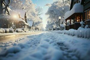 AI generated Snow kissed street quiet and serene, soft snowflakes gently descend photo