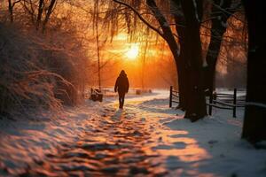 ai generado Nevado crepúsculo persona paseos a lo largo un la carretera a invierno puesta de sol foto