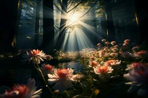AI generated Natures spotlight Sunbeams pierce through canopy, highlighting vibrant wildflowers photo