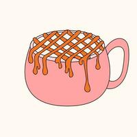 Caramel Macchiato drink in mug. Line art style. Vector illustration isolated on a white background.