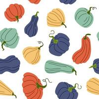 Seamless pattern with hand drawn pumpkins in flat style. Autumn texture for thanksgiving, harvest and halloween. Vector Illustration isolated on a white background.