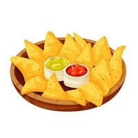 Nachos on a wooden plate with guacamole and salsa sauces. Vector illustration isolated on a white background.