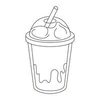 Cold coffee in a plastic transparent cup with a straw and cream. Line art style. Vector illustration isolated on a white background.