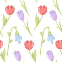 Spring flower pattern. Flower vector seamless pattern. Pattern with tulips and lilies of the valley.