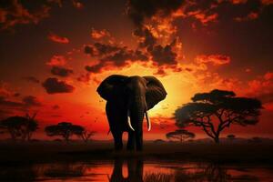 ai generado africano crepúsculo elefante silueta gracias el majestuoso fondo de puesta de sol foto