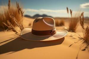 ai generado Desierto elegante un sombrero descansa graciosamente en el arenoso terreno foto