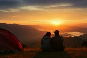 AI generated Tent side bonding Couple gazes at scenic sunset on mountainous getaway photo