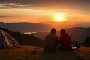 AI generated Couple relaxes by tent, captivated by mountain sunset on camping photo