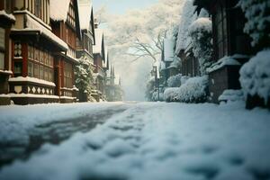 AI generated Snow covered serenity a quiet street with soft flakes gently falling photo